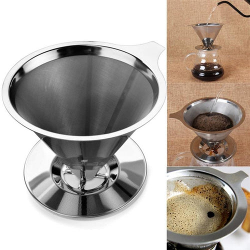 Stainless Steel Pour Over Cone Coffee Dripper Double Layer Mesh Filter Paperless Brewer